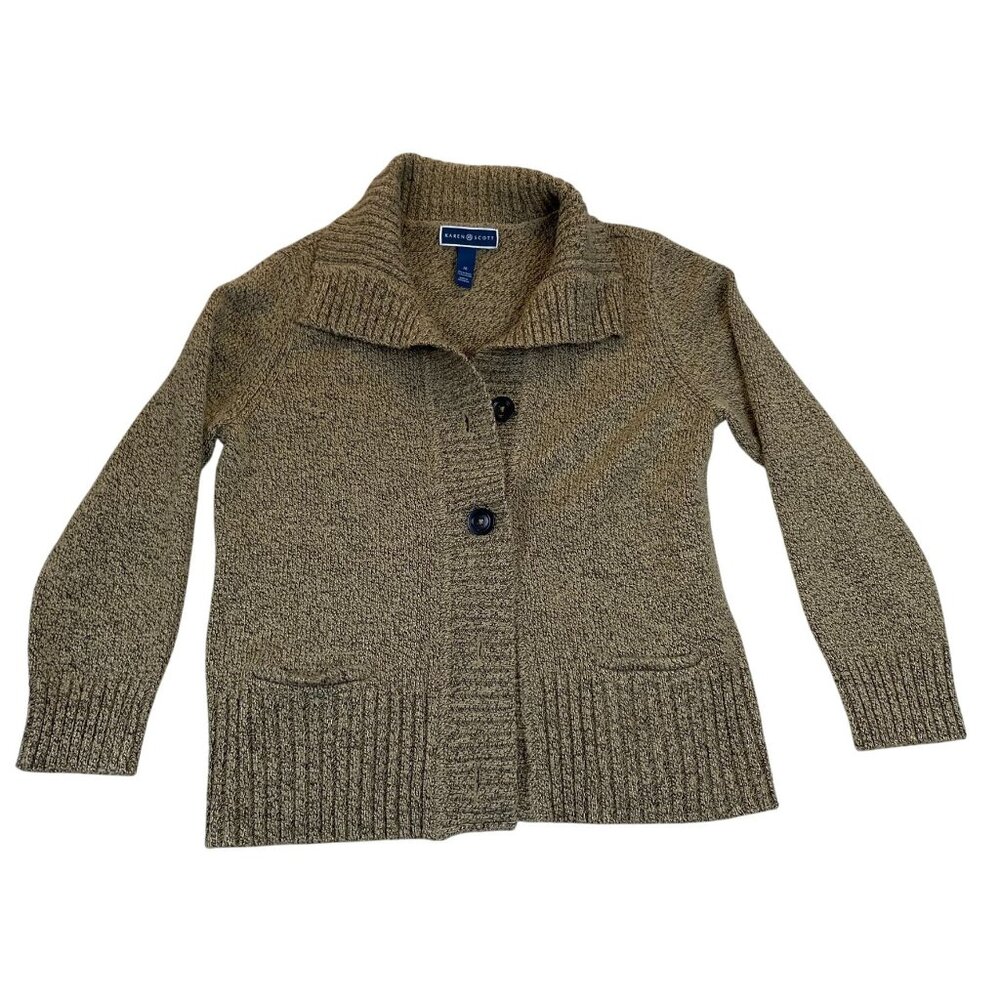 Karen Scott Women's Cardigan Sweater Medium Tan Button Front Acrylic/Polyester